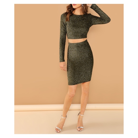 Black Gold Glitter Two Piece Dress Crop Top Skirt - Picture 5 of 6
